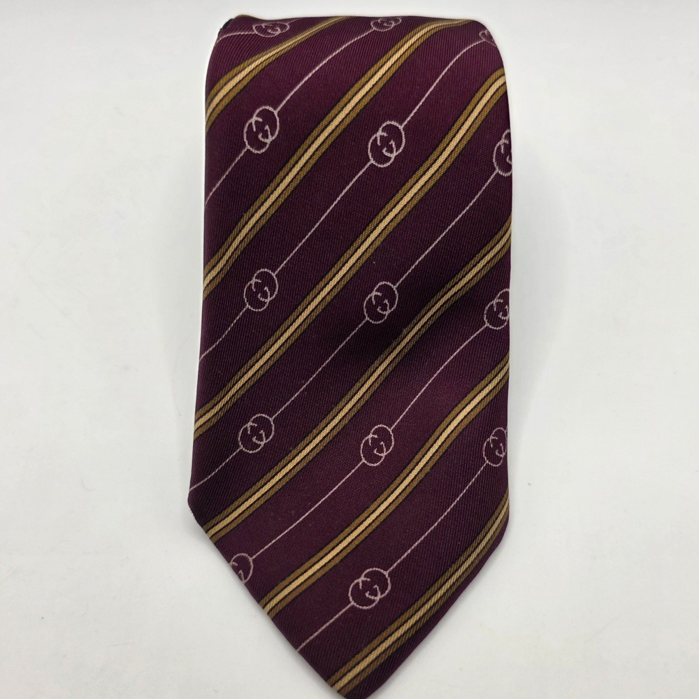 Vtg Gucci Burgundy Silk Tie Interlocking GG Logo Diagonal Stripe Made in Italy